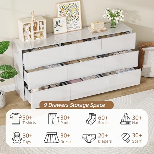 Image of White Wood Dresser, 9 Drawer Dressers for Clothes Storage for Bedroom, Modern Dresser with Wide Drawers, Wide Wooden Chest Drawers for Living Room, Entryway, TV Stand