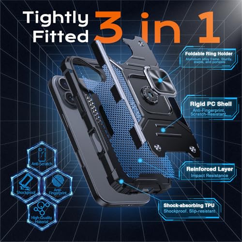 Image of Anqrp Heavy Duty Case for iPhone 16 Case with Enhanced Ring Holder Grip Stand, Military Grade Shockproof Rugged Drop Protective Silicone Hard Slim iPhone 16 Phone Case Cover, Matte Black