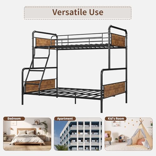 Garvee Bunk Beds Twin Over Full Size, Heavy Duty Bunk Beds with Ladder and Guardrail,Metal Bunk Bed for Kids,Teens,Noise-Free,Black & Brown