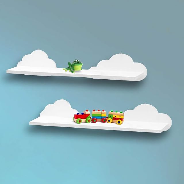 HomeZone® 2 Pack Floating Cloud Shape Shelves for Kids Nursery Playroom - White MDF Picture Ledge Shelf Babies Room Lightweight Shelving Unit 54cm