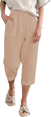 SVALIY Summer Cotton Linen Cropped Wide Leg Pants Capris Women Ladies Casual Loose Palazzo Pant Work Elastic Pocket