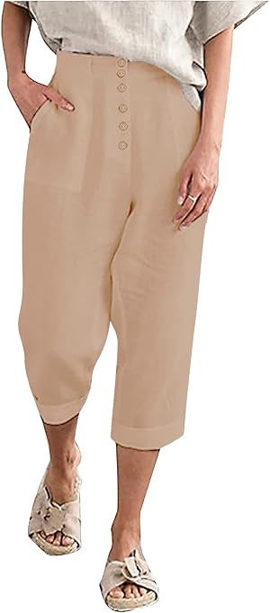 SVALIY Summer Cotton Linen Cropped Wide Leg Pants Capris Women Ladies Casual Loose Palazzo Pant Work Elastic Pocket