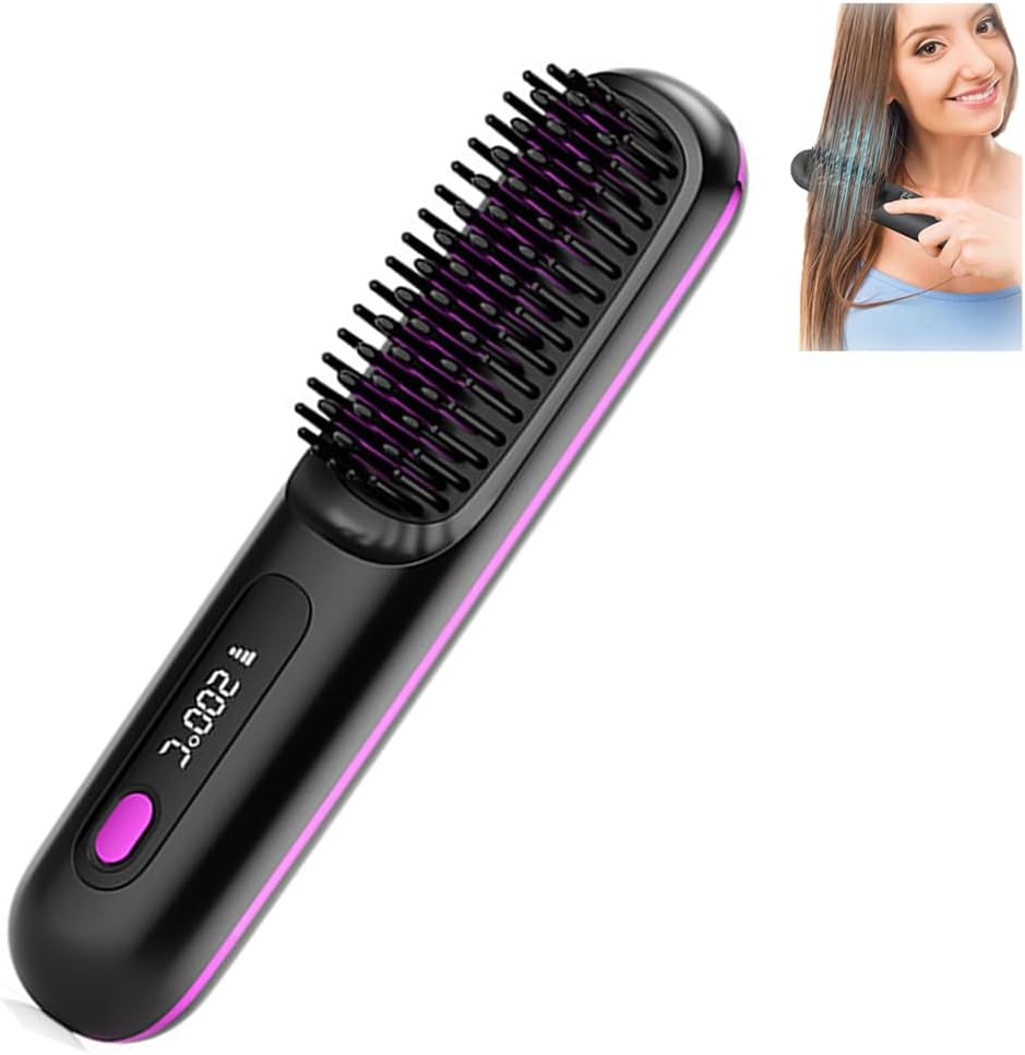 Hair Straightening Brush, with 3 Temperature Modes & Led Screen, USB Rechargeable Ceramic Hair Brushes, Portable Hair Straightener Brush, Ions Hot Brush, for all Hair Types (Black)
