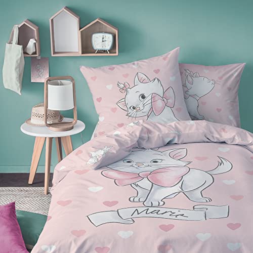 Disney Les ARISTOCHATS Love Parure de Lit Fille 140x200 cm | 100% Coton | Oeko-TEX | Housse de Couette Enfant 1 Personne 140x200 cm + 1 Taie d'oreiller 63x63 cm Imprimées Réversibles | Rose