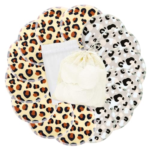 Image of wegreeco Nursing Breast Pads (14 Pack) + Laundry Bag & Travel Storage Bag, 4.7 inch Option - Washable & Reusable Breastfeeding Nursing Pads (Cheetah Print, Large, Plain Shape)