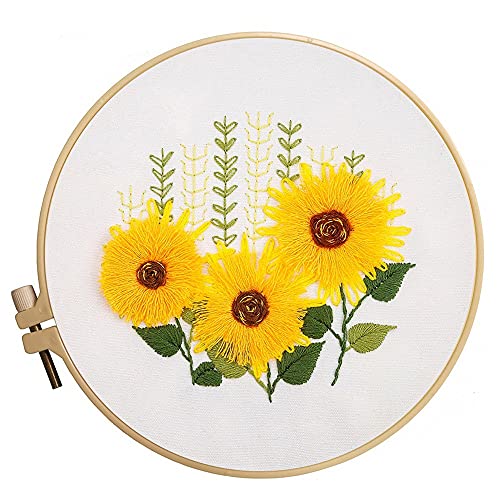 Mopulo Embroidery Kit For Adults Beginners Starter Cross Stich Kit With Sunflower Pattern Stamped Embroidery Cloth Hoops Threads Needles Easy Handmade Needlepoint Kits,Sunflower #TOP3