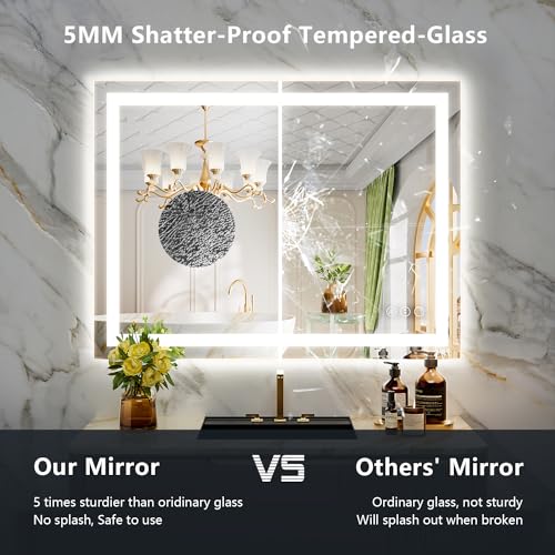 Image of 40x30 Inch LED Bathroom Mirror with Lights Front and Backlit Lighted Vanity Mirror for Bathroom Wall with 3 Colors Dimmable Anti-Fog Memory Shatter-Proof IP54 Waterproof Horizontal /Vertical