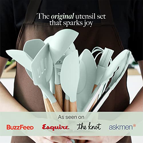Kitchen Utensils Set Silicone Cooking Utensils Set Heat Resistant, Mint Spatula Kitchen Set Kitchen Serving Utensils Set, 20 Pcs Non Stick Kitchen Utensil Set, Wooden Silicone Kitchen Utensils Set #TOP3