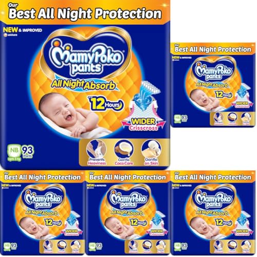 Image of Mamypoko pants All night absorb| Pant Style Baby Diapers New Born /X-Small, 93 Count, Ideal for upto 5Kgs|1 Diaper: Upto All night Absorption|Wider Crisscross Sheet|12hr Leakage Protection (Pack of 5)