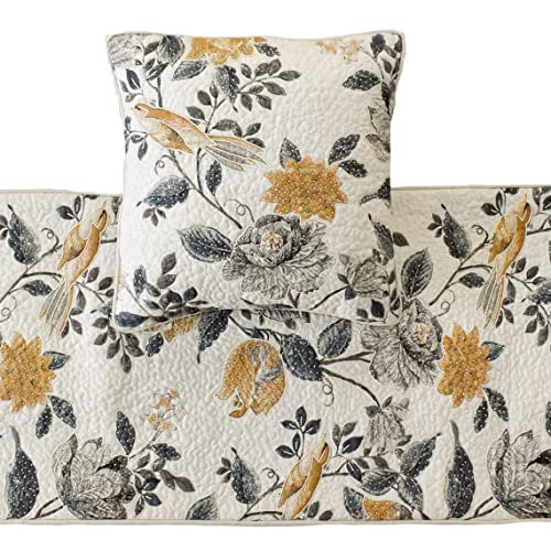 The Homecentric King/Queen/Twin Blue & Ivory Designer King 90"X18" Bed Runner With Pillow Cover, Bird, Pearl & Quilted Bed Scarf On Linen Fabric - Vintage Birdena #TOP1