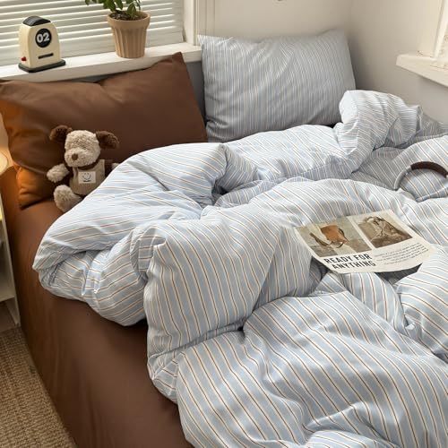 Image of EAVD Retro Striped Duvet Cover Full Light Blue&Brown Washed Microfiber | 3-Piece Vertical Striped Bedding Set, Soft Breathable, 1 Duvet Cover with 2 Pillowcases, Fresh Aesthetic, Zipper Corner Ties