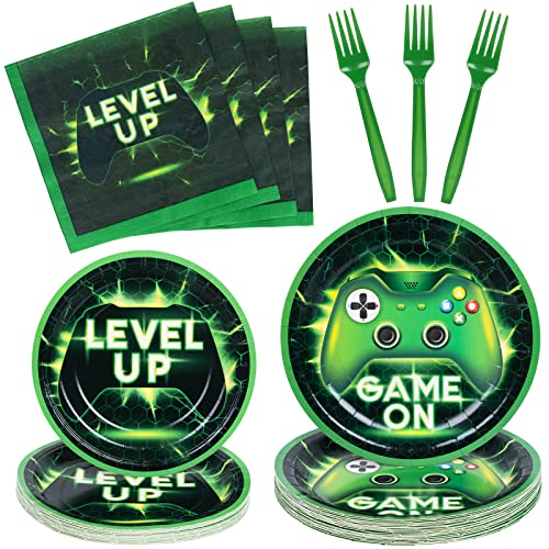 Decorlife Video Game Party Supplies Serves 24, Includes Plates, Napkins, Forks For Boys Gamer Birthday Party Decorations, Total 96 Pcs #TOP10