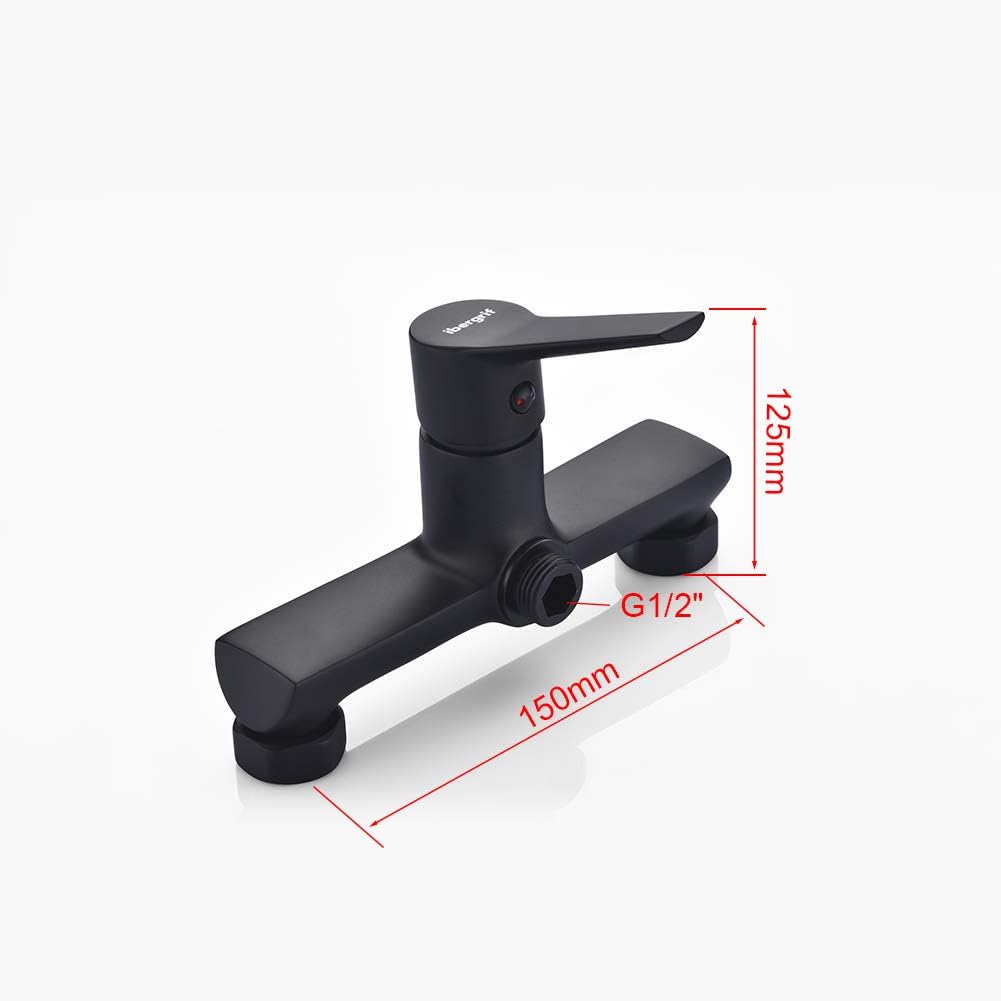 Diagram showing the dimensions of the shower mixer, including 150mm center-to-center distance for inlets and G1/2 inch thread size.