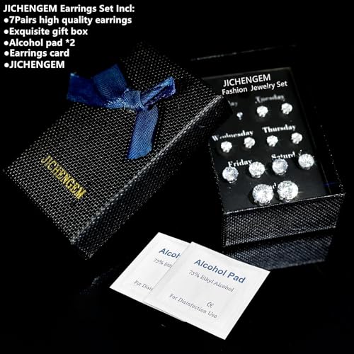 Silver Gold Black Stud Earrings Set 7Pairs Hypoallergenic Cubic Zirconia Titanium Stainless Steel Silver Rose Gold Black CZ Cartilage Stud Earrings Jewelry Sets for Women Men, 2-8mm CZ Stud Earrings3