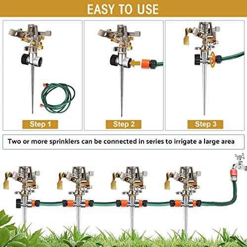 Impact Sprinklers Head Brass Pulsating Sprinklers With Zinc Alloy Spike Base, Adjustable 360 Degree Rotating Water Sprinklers For Yard Lawn Garden Large Area Grass Irrigation System (3 Pieces) #TOP3