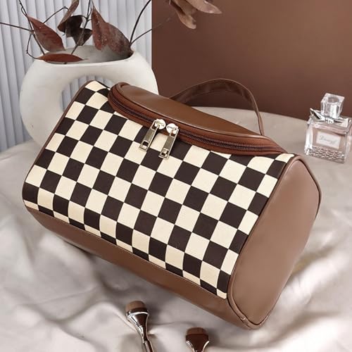 Makeup Bag, Travel Portable Checkered Pattern Cosmetics Skincare Storage Bag (Brown)4