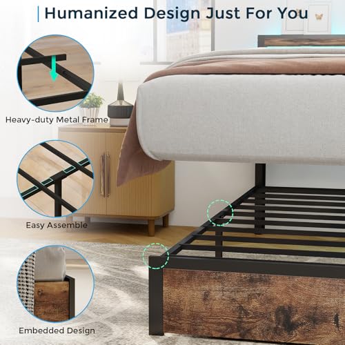 Image of Full Size Bed Frame with 2 Storage Drawers, Full Bed Frame, Vintage Brown | LED Light, Charging Station, Wood Headboard, Metal Platform, No Box Spring Needed, Noise Free, Easy Assembly