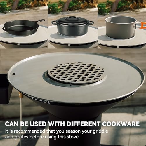 Onlyfire Großer Raketenofen mit Plancha Grillplatte 60cm, BBQ Feuerplattengrill Feuerschale mit Feuerplatte Holzkohlegrill für Terrasse & Garten, inkl. Rädern, Ascheschieber und Abdeckung, Schwarz