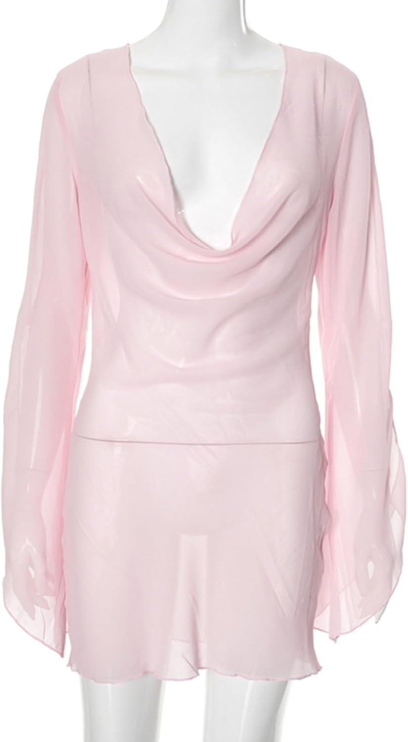 VCM Sheer Mini Dress Sexy Mesh See Through Cover Up Plunge Neck Low Back Dress Long Sleeve Pink Dresses Club Outfits - Image 3