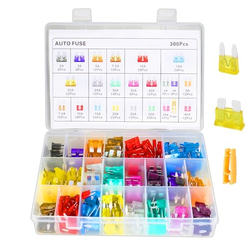 Kfz Sicherung Set,300 Stück Auto Ersatzsicherungen Set Gemischt 150 Mini Flachsicherungen + 150 Standard Sicherungen +1 Sicherungszieher, Stecksicherungen Sicherung für Auto Wohnmobil Motorrad