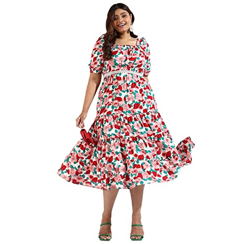 Image of Instafab Plus Women's Multicolour Printed Midi Length Short Sleeve Regular Fit Wrap Dress for Casual Wear | Modern Clothing Dress Crafted with Comfort Fit for Everyday Wear, 3XL