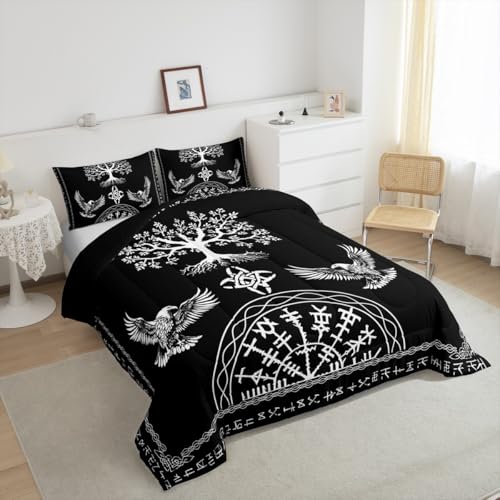 Image of Feelyou Kids Black Viking Sacred Tree Bedding Set Queen Size, Boho Comforter Set Boys Girls Tree of Life Duvet Insert Teens Bedroom Decor Bed Set 3Pcs