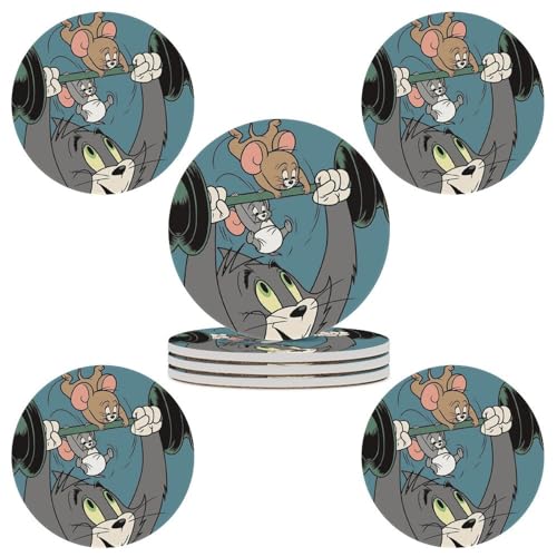 トムとシ?ェリー コースター 陶製 丸型 直径10.3cm 4枚/6枚セット 飲み物用コースター 断熱パッド 耐熱 防水 おしゃれ 贈り物 滑り止め カップマット セラミック 唱片模様 家庭用 オフィス用 新築祝い プレゼント