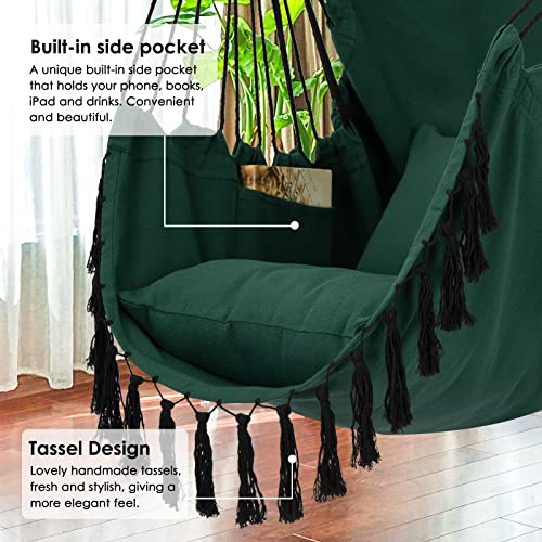Image of Y- STOP Hammock Chair Hanging Rope Swing, Max 500 Lbs, 2 Cushions Included, Large Macrame Hanging Chair with Pocket for Superior Comfort, with Hardware Kit, Green