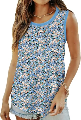 KISSMODA Womens Flora Print Tank Tops Ribbed Summer Shirt Sleeveless Summer Casual Women Blouses(S-3XL)