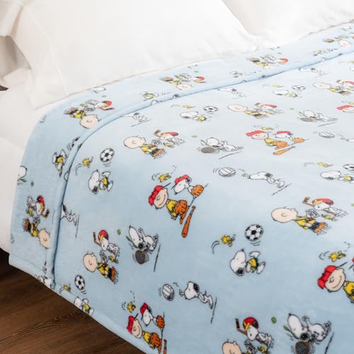 Image of Berkshire Blanket Peanuts VelvetLoft Cute Character Snoopy Plush Blanket,Snoopy the Athlete Closed in Blue,Full /Queen 90 in x 90 in (Official Peanuts Product)