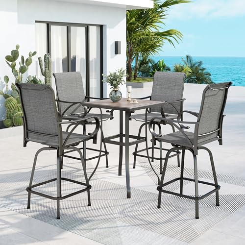 MFSTUDIO 5 Piece Outdoor Swivel Bar Set, Outdoor Bar Table and Chairs Set, Patio High Top Table and Chairs, Patio Dining Set Bar Height Table with 4 Chairs, Grey