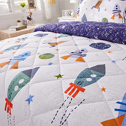 Brandream Kids Bedding Set Twin Size Space Boy Girl Cotton Comforter Set Space Rocket Galaxy Bedroom 3-Piece thumb #3