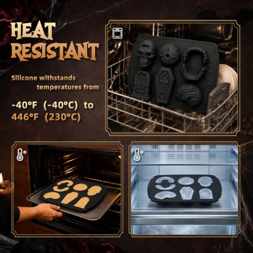 Image of HKNMTT Skull Cake Pizza Pan 6 Spooky Shapes Halloween Silicone Baking Mold | Skull Eyeball Fangs Tombstone Coffin Brain Cake Mold for Pizza Chocolate Musse Soap Ice Cubes Non-Stick Food Grade