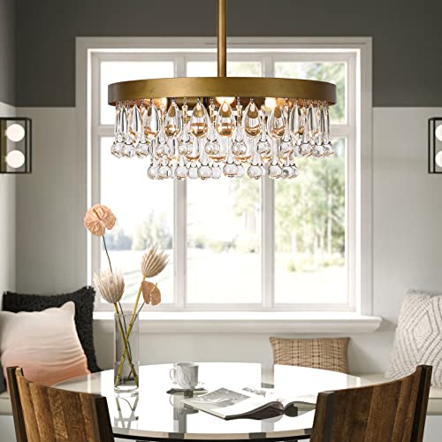 SEOL-Light Antique Gold Crystal Flush Chandeliers Round Large Pendant Ceiling Light Fixture for Dining Room,Bedroom,Living Room,3 Light,120W,E12,15 Dia*6" H; by SEOL - Image 5