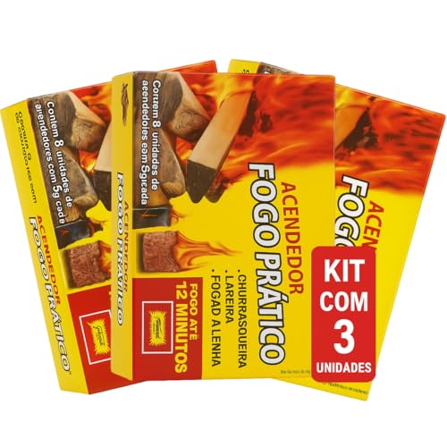 Fogo Pratico Acendedor para Churrasqueira e Fogão a Lenha, Kit com 3 Caixas, 8 Unidades por Caixa, 12 Minutos de Duração
