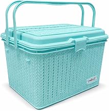 KITCHIVO™ Compartment Storage Basket with Lid & Handle – Sturdy Plastic Multipurpose Organizer for Kitchen, Bathroom & Shopping (Light Blue, Medium)