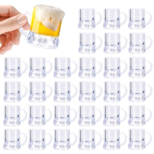 SAIAOKJ 30 Pcs 1oz Mini Plastic Beer Mugs Clear Shot Glasses with Handles Reusable Beer Stein Tasting Cups for Party
