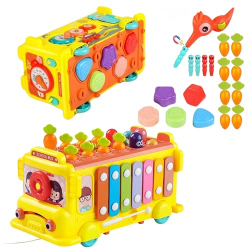 Image of PLUSPOINT School Bus Activity Toy for kids Educational multifunctional Pull along bus with Gears, Teaching Clock, Fishing Game Color Matching Shape Puzzles Whack-a-mole toddler musical toy for 1-5 yrs