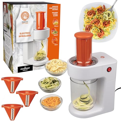 MasterChef Electric Spiralizer- 3-in-1 Vegetable Noodle Pasta Maker-Homemade Low Carb, Keto, Vegan, Gluten Free Pasta -Zoodle Zucchini Veggie Slicer and XL Hopper (w FREE Recipe Guide)Mothers Day Gift