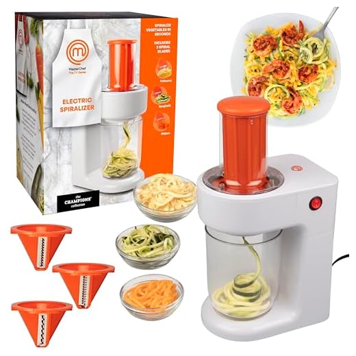 MasterChef Electric Spiralizer- 3-in-1 Vegetable Noodle Pasta Maker- Homemade Low Carb, Keto, Vegan, Gluten Free- Zoodle Zucchini Veggie Slicer & XL Hopper, FREE Recipes- Quick Healthy Meal Prep Gift