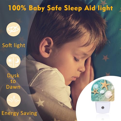 Image of Starfish and Seashell Night Light Plug into Wall, Summer Beach Ocean Waves Dusk to Dawn Night Light Plug in,0.5w Energy Saving Sleep Friendly NightLight for Kids Boys Girls Home Decor