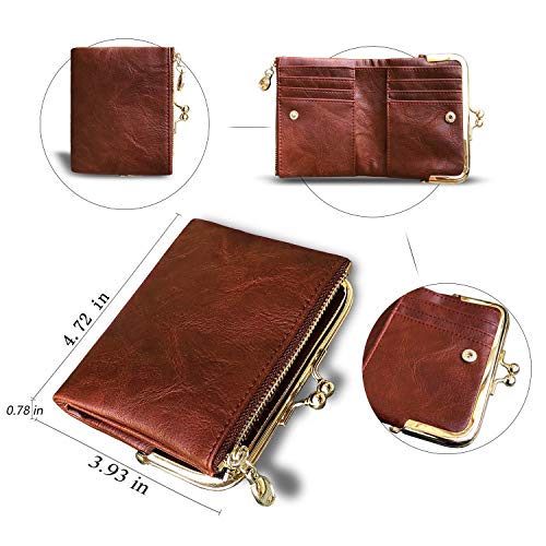 Image of AOXONEL Womens Wallet Small Rfid Ladies Compact Bifold Leather Vintage Coin Purse With Zipper and Kiss Lock, Brown, Small