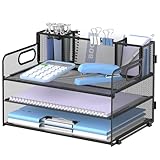 SUPEASY 3 Tier Desk Organizer with Handle & 3 Pen Holders, Mesh Paper/File Organizer for Desk, Paper...