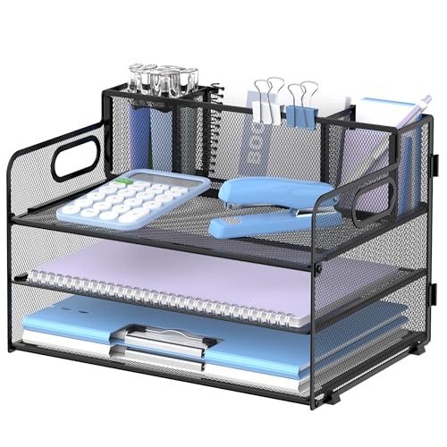 SUPEASY 3 Tier Desk Organizer with Handle & 3 Pen Holders, Mesh Paper/File Organizer for Desk, Paper Letter Tray Organizer for Office Supplies (Black)