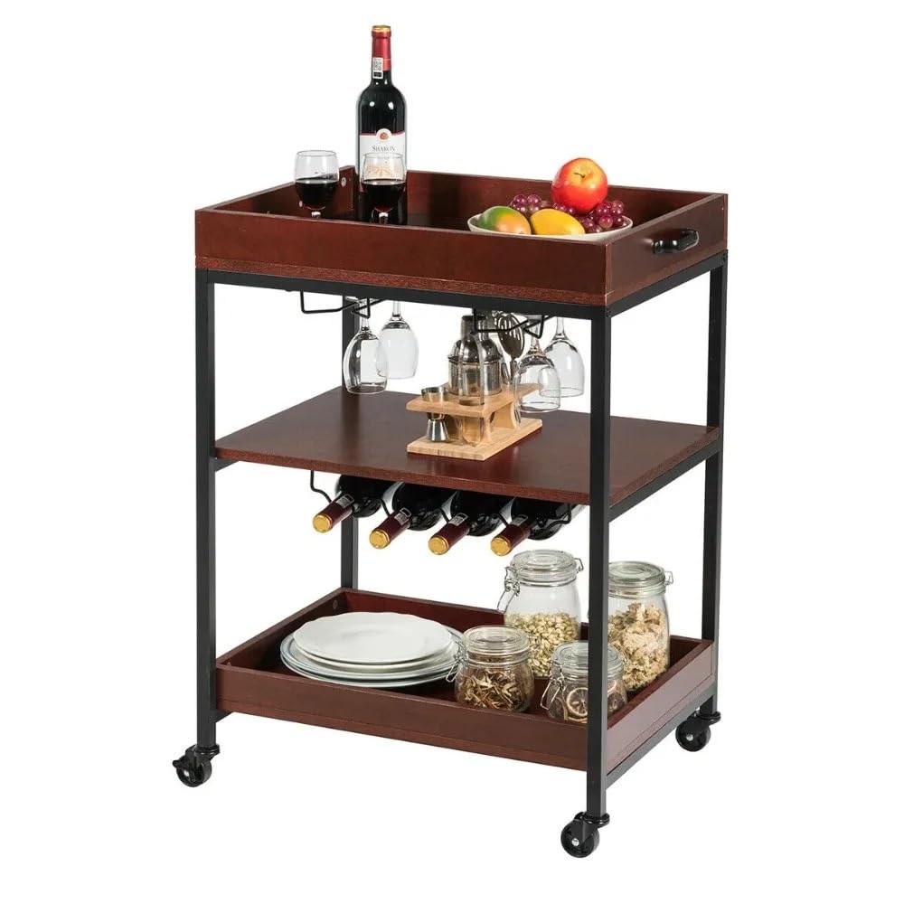 Magazzinaggio Carrello carrello a 3 livelli, bar cucina ad isola con portabicchieri e portabottiglie, mobili da