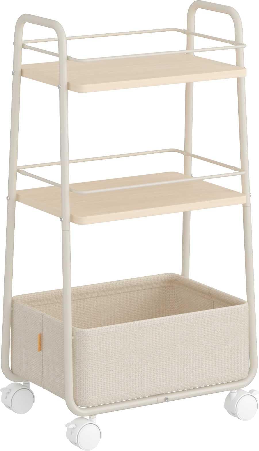 VASAGLE LILEA Collection - Storage Trolley with Fabric Basket, 3-Tier Rolling Trolley on Wheels, with Shelves, for Living Room, Bedroom, Kitchen, Natural Beige and Cream White LRC001LL02