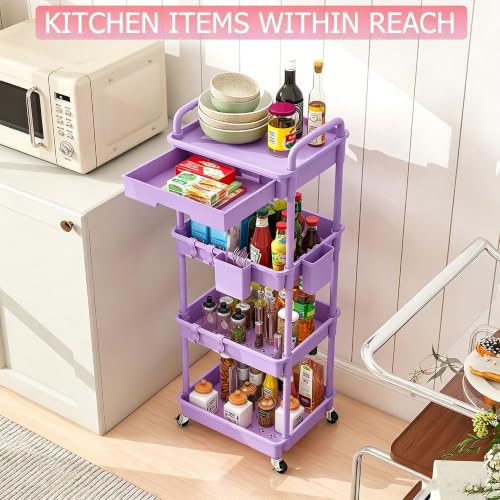 Image of REBECAT 4 Tier Rolling Cart with Drawer, Utility Storage Cart on Wheels for Kitchen, Bathroom, Living Room,Office(Purple)