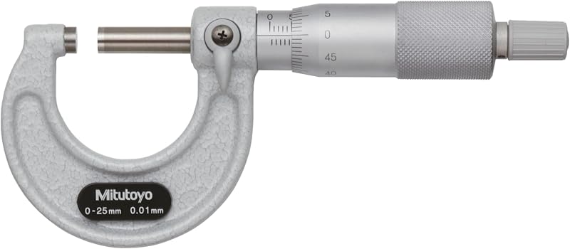 Mitutoyo 103-137, micrómetro exterior de 0-25 mm x 0,01 mm, trinquete | Caras de medición con punta de carburo, mecanismo de tope de trinquete, precisión de +/-0,002 mm, mide piezas de trabajo metálicas y no metálicas
