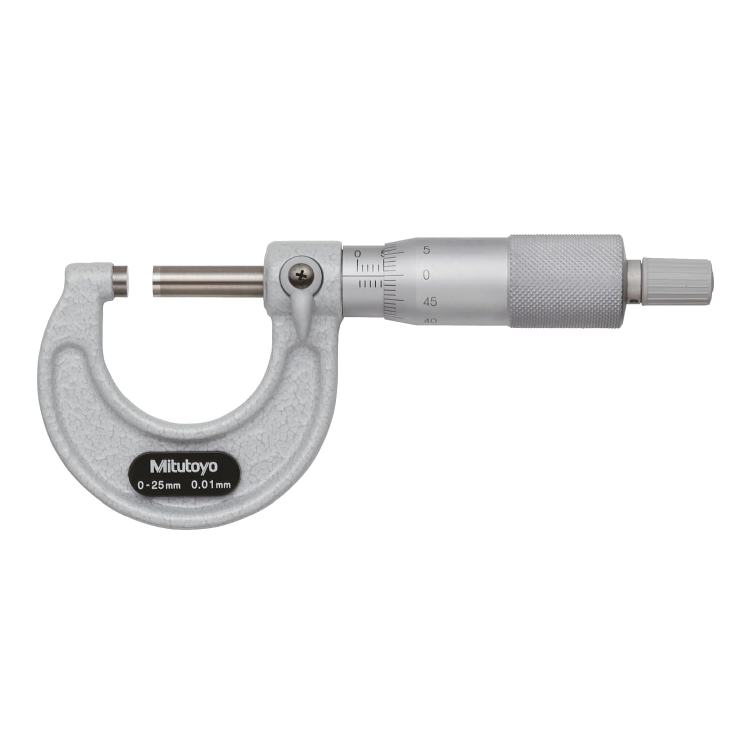 Mitutoyo 103-137 Outside Micrometer, Baked-Enamel Finish, Ratchet Stop, 0-25mm Range, 0.01mm Graduation, +/-0.002mm Accuracy