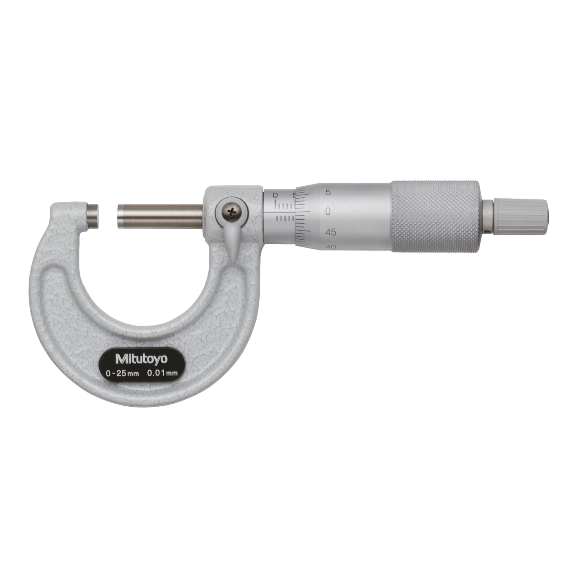 Mitutoyo 103-137 Outside Micrometer, Baked-Enamel Finish, Ratchet Stop, 0-25mm Range, 0.01mm Graduation, +/-0.002mm Accuracy